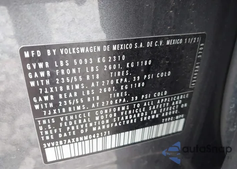 2022 Volkswagen Tiguan 2.0T Se z USA, uszkodzony, nr VIN 3VV2B7AX8NM042171